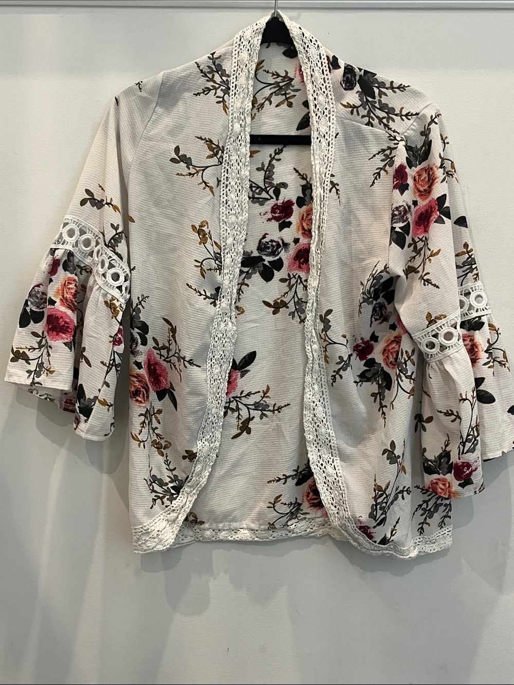 Floral Lace-Trim Open Front Kimono - White with Pink Rose Print